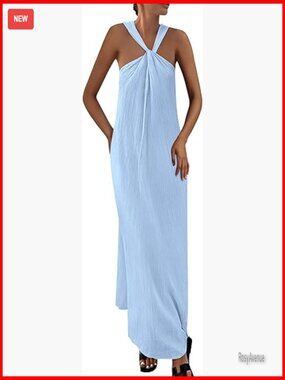 Sleeveless Maxi Dress with Pockets, Off Shoulder, Backless, Flowy Summer